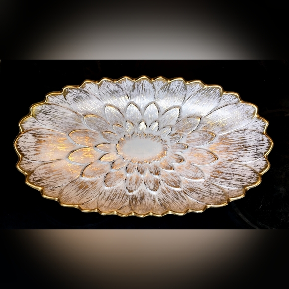 Vintage Royal Haeger Oval Platter Ivory w/Brushed Gold "Water Lily" 364H - Picture 1 of 5